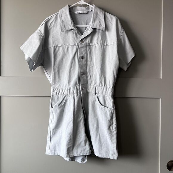 Zara Romper Womens Medium Blue Gray Short Sleeve Button Utility Pockets Shimmer - Picture 1 of 16